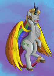 Size: 2480x3508 | Tagged: safe, artist:reminic, derpibooru import, oc, hybrid, original species, pegasus, unicorn, colored wings, commission, dragon tail, kirin hybrid, multicolored wings, rainbow wings, wings