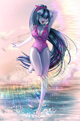 Size: 3219x4852 | Tagged: safe, artist:rileyav, derpibooru import, sonata dusk, equestria girls, absurd resolution, adorasexy, arm behind head, armpits, barefoot, beach, beautiful, big breasts, blushing, breasts, cleavage, clothes, commission, cute, cute little fangs, eyebrows, eyebrows visible through hair, eyelashes, eyeshadow, fangs, feet, female, legs, long hair, makeup, nail polish, ocean, one eye closed, one-piece swimsuit, open mouth, ponytail, running, sexy, smiling, solo, sonata bust, sonatabetes, stupid sexy sonata dusk, summer, swimsuit, thighs, toenail polish, water, wink