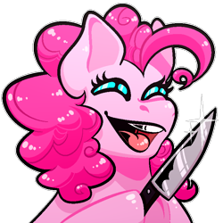 Size: 720x720 | Tagged: safe, artist:cha0s-boyy, derpibooru import, pinkie pie, earth pony, pony, fanfic:cupcakes, knife, open mouth, smiling, solo