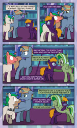 Size: 1920x3169 | Tagged: safe, artist:alexdti, derpibooru import, oc, oc:marco, oc:purple creativity, oc:screwpine caprice, oc:umberto, pegasus, pony, unicorn, comic:quest for friendship, blushing, female, hug, male, mare, stallion