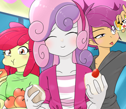 Size: 1480x1280 | Tagged: safe, artist:batipin, derpibooru import, apple bloom, scootaloo, sweetie belle, equestria girls, apple, cake, cutie mark crusaders, eating, eyes closed, food, soda