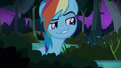 Size: 1280x720 | Tagged: safe, derpibooru import, screencap, rainbow dash, pegasus, pony, daring don't, season 4, faic, female, mare, night, out of context, smug, smugdash, solo, teeth, tree