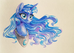 Size: 1300x930 | Tagged: safe, artist:maytee, derpibooru import, princess luna, alicorn, pony, bust, colored pencil drawing, portrait, solo, traditional art