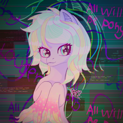 Size: 3000x3000 | Tagged: safe, artist:umbrapone, derpibooru import, oc, oc:bass-beat, earth pony, pony, all will be pony, bust, coat markings, code, multicolored eyes, multicolored mane, pink hair, python (language), retrowave, sine wave, socks (coat marking), speckled, unshorn fetlocks, vaporwave