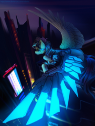Size: 3000x4000 | Tagged: safe, artist:mithriss, derpibooru import, oc, oc only, pegasus, pony, amputee, artificial wings, augmented, city, clothes, commission, cyberpunk, flying, goggles, jacket, leather jacket, prosthetic limb, prosthetic wing, prosthetics, solo, spread wings, twilight (astronomy), wings