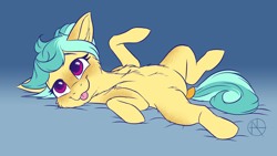 Size: 4000x2250 | Tagged: safe, artist:klarapl, derpibooru import, oc, oc only, oc:karoline skies, earth pony, pony, belly, chest fluff, cute, ear fluff, ears, female, lying down, mare, ocbetes, on back, smiling, solo, tail wrap, tongue, tongue out