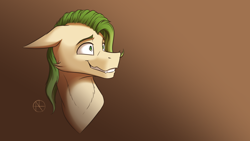 Size: 4000x2250 | Tagged: safe, artist:klarapl, derpibooru import, oc, oc only, oc:lodvik, pony, bust, ears, floppy ears, grin, male, nervous, nervous grin, portrait, shrunken pupils, smiling, solo, stallion