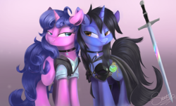 Size: 1992x1200 | Tagged: safe, artist:sketchiix3, derpibooru import, oc, oc only, pony, unicorn, clothes, commission, lidded eyes, looking at each other, oc x oc, shipping, sword, weapon