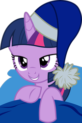 Size: 3454x5159 | Tagged: safe, artist:frownfactory, derpibooru import, twilight sparkle, twilight sparkle (alicorn), alicorn, power ponies (episode), bed, blanket, hat, horn, nightcap, pillow, simple background, solo, transparent background, vector