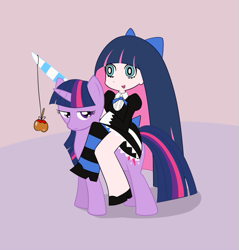 Size: 573x600 | Tagged: safe, artist:dstears, derpibooru import, twilight sparkle, unicorn twilight, human, pony, unicorn, anarchy stocking, apple, carrot on a stick, clothes, food, panty and stocking with garterbelt, socks, stockings, striped socks, thigh highs