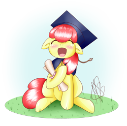 Size: 2000x1980 | Tagged: safe, artist:magicbriz, derpibooru import, apple bloom, adorabloom, atg 2021, blushing, crying, cute, ears, female, filly, floppy ears, graduation, graduation cap, happy, hat, mawshot, newbie artist training grounds, open mouth, signature, simple background, solo, tears of joy, transparent background, volumetric mouth