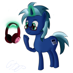 Size: 1280x1264 | Tagged: safe, artist:6dpegasus, derpibooru import, oc, oc:rainy script, pony, unicorn, headphones, magic, male, standing, telekinesis