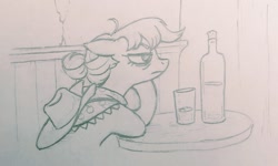 Size: 1815x1086 | Tagged: safe, artist:saby, derpibooru exclusive, derpibooru import, applejack, pony, alternate hairstyle, bags under eyes, bottle, bust, commission, drunk, glass, go home you're drunk, hair bun, hangover, henri de toulouse-lautrec, implied alcoholism, indoors, leaning forward, lineart, looking away, monochrome, older, pastiche, pencil drawing, sitting, solo, table, traditional art, unamused