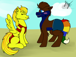 Size: 1600x1200 | Tagged: safe, artist:jay_wackal, derpibooru import, oc, oc:marmalade, oc:rubik, earth pony, pegasus, pony, blushing, clothes, swimming trunks, swimsuit