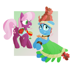 Size: 1024x1024 | Tagged: safe, artist:skulljooce, derpibooru import, cheerilee, meadowbrook, earth pony, pony, bouquet, candy, clothes, female, flower, food, scroll, simple background