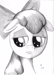 Size: 2514x3467 | Tagged: safe, artist:rameslack, derpibooru import, apple bloom, female, filly, monochrome, sad, solo