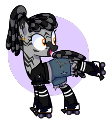 Size: 1611x1828 | Tagged: safe, artist:v0dka_, derpibooru import, oc, oc only, oc:wylde rush, zebra, chains, clothes, commission, ear piercing, earring, eyebrow piercing, female, jewelry, open mouth, piercing, raised leg, roller skates, shirt, shorts, socks, solo, striped socks, t-shirt, torn clothes, ych result, zebra oc