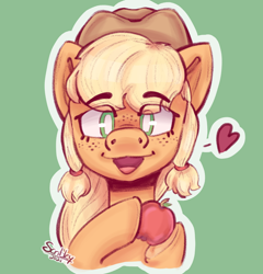 Size: 1200x1250 | Tagged: safe, artist:scribleydoodles, derpibooru import, applejack, earth pony, pony, apple, applejack's hat, clothes, cowboy hat, cute, female, food, freckles, green background, hat, heart, jackabetes, looking at you, mare, open mouth, simple background, solo