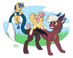 Size: 2551x2048 | Tagged: safe, artist:moccabliss, derpibooru import, oc, oc only, oc:aztec, oc:starjax, oc:summer sunrise, alicorn, draconequus, pony, colt, female, filly, male, offspring, parent:cosmos, parent:discord, parent:sunburst, parent:twilight sparkle, parents:coscord, parents:twiburst, ponu