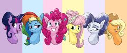 Size: 1280x534 | Tagged: safe, artist:rocket-lawnchair, derpibooru import, applejack, fluttershy, pinkie pie, rainbow dash, rarity, twilight sparkle, alternate hairstyle, bust, female, mane six, modelshy