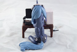 Size: 1280x854 | Tagged: safe, artist:azgchip, derpibooru import, princess luna, alicorn, pony, both cutie marks, butt, computer, craft, female, folded wings, gamer luna, headphones, keyboard, mare, microphone, monitor, moonbutt, photo, s1 luna, sculpture, sitting, solo, table, wings