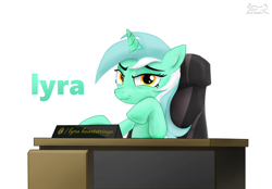 Size: 2927x2034 | Tagged: safe, artist:nightfury2020, lyra heartstrings, pony, unicorn, female, high res, mare, office, simple background, solo, text, white background