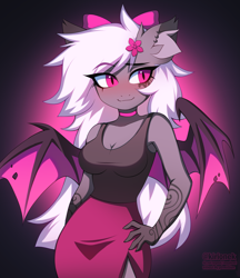 Size: 3414x3952 | Tagged: safe, artist:kirionek, oc, oc only, anthro, bat pony, anthro oc, bat pony oc, bow, clothes, ear fluff, ears, fangs, female, flower, flower in hair, gradient background, hair bow, mare, side slit, skirt, sleeveless, slit eyes, solo, tanktop, tattoo