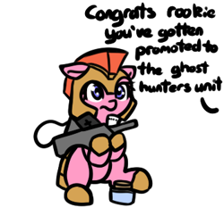 Size: 350x339 | Tagged: safe, artist:neuro, oc, oc only, earth pony, pony, armor, dialogue, ears, earth pony oc, female, floppy ears, guardsmare, gun, helmet, hoof shoes, jar, mare, offscreen character, proton pack, purple eyes, royal guard, simple background, sitting, solo, weapon, white background