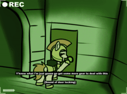 Size: 1294x961 | Tagged: safe, artist:neuro, oc, oc only, earth pony, ghost, pony, undead, animated, armor, camera, camera shot, dialogue, earth pony oc, eyes closed, female, gif, guardsmare, haunted house, helmet, hoof shoes, mare, night vision, offscreen character, open mouth, phasmophobia, pov, proton pack, royal guard, solo, spirit leaving body, subtitles