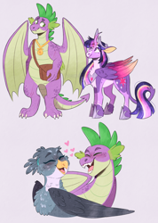 Size: 1154x1624 | Tagged: safe, artist:wanderingpegasus, derpibooru import, gabby, spike, twilight sparkle, twilight sparkle (alicorn), alicorn, dragon, griffon, pony, alternate hairstyle, bag, blushing, chest fluff, coat markings, crown, curved horn, eyes closed, female, grin, hoof shoes, horn, jewelry, leonine tail, male, mare, medal, older, older spike, older twilight, open mouth, redesign, regalia, shipping, smiling, spabby, straight