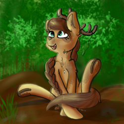 Size: 3870x3874 | Tagged: safe, artist:kalashnikitty, derpibooru import, oc, oc:kalaya, deer, deer pony, hybrid, original species, :d, antlers, braid, cute, female, nature, ocbetes, sitting