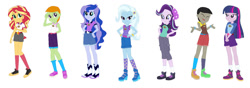 Size: 1280x450 | Tagged: safe, artist:diana173076, derpibooru import, discord, princess luna, starlight glimmer, sunset shimmer, thorax, trixie, twilight sparkle, equestria girls, legend of everfree, alternate universe, base used, clothes swap, converse, eqg promo pose set, shoes