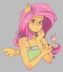 Size: 640x730 | Tagged: safe, artist:tingtongten, derpibooru import, fluttershy, human, pegasus, blushing, bust, clothes, dress, eared humanization, female, gray background, humanized, looking at you, middle finger, simple background, smiling, solo, vulgar, winged humanization, wings