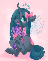 Size: 800x1000 | Tagged: safe, artist:vaffiart, artist:valeria_fills, derpibooru import, queen chrysalis, twilight sparkle, twilight sparkle (alicorn), alicorn, changeling, changeling queen, bow, clothes, cute, cutealis, fangs, female, hair bow, heart, heart hoof, one eye closed, open mouth, open smile, smiling, solo, sweater, twilight sparkle plushie