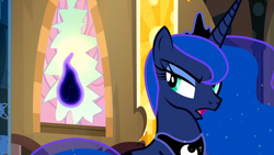 Size: 1920x1080 | Tagged: safe, derpibooru import, screencap, princess luna, tantabus, alicorn, pony, do princesses dream of magic sheep, season 5, broken window, crown, female, jewelry, mare, open mouth, regalia, window