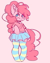 Size: 700x875 | Tagged: safe, artist:vaffiart, artist:valeria_fills, derpibooru import, pinkie pie, earth pony, semi-anthro, clothes, female, pink background, shirt, simple background, skirt, socks, solo, striped socks, t-shirt, thigh highs