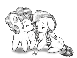 Size: 665x502 | Tagged: safe, artist:inkypuso, derpibooru import, fluttershy, pinkie pie, earth pony, pegasus, pony, alternate hairstyle, braid, ear fluff, ears, floppy ears, grayscale, monochrome