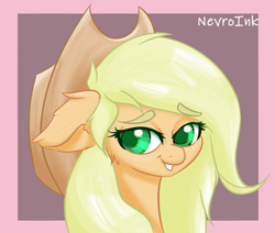 Size: 1280x1084 | Tagged: safe, artist:inkypuso, derpibooru import, part of a set, applejack, earth pony, pony, bust, cheek fluff, colored pupils, ear fluff, ears, eyebrows, eyebrows visible through hair, female, floppy ears, mare, solo