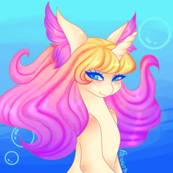 Size: 1080x1080 | Tagged: safe, artist:siriuscallisto, derpibooru import, oc, oc only, merpony, pony, seapony (g4), unicorn, blue eyes, blushing, bubble, crepuscular rays, eyelashes, female, flowing mane, horn, looking at you, ocean, seaponified, signature, solo, species swap, sunlight, underwater, water