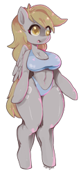 Size: 961x2000 | Tagged: safe, artist:tingtongten, derpibooru import, derpy hooves, anthro, pegasus, unguligrade anthro, arm hooves, belly button, bikini, bikini bottom, bikini top, breasts, cleavage, clothes, derp, derpy loaves, female, mare, open mouth, simple background, solo, swimsuit, transparent background, wings