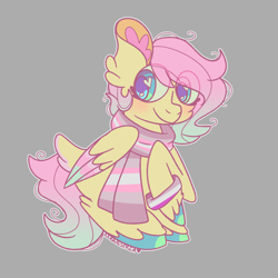 Size: 1000x1000 | Tagged: safe, artist:rubyg242, derpibooru import, fluttershy, pony, blushing, clothes, colored wings, cute, daaaaaaaaaaaw, eye clipping through hair, gray background, multicolored hair, multicolored tail, multicolored wings, pride, pride flag, scarf, shyabetes, signature, simple background, solo, wings