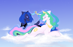 Size: 3600x2309 | Tagged: safe, artist:evlass, derpibooru import, princess celestia, princess luna, alicorn, pony, cloud, eyes closed, female, heart, incest, lesbian, lying on a cloud, magic, on a cloud, princest, prone, royal sisters, shipping, siblings, sisters, sky