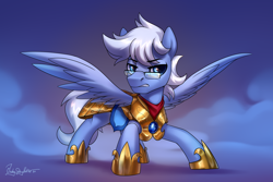 Size: 3000x2000 | Tagged: safe, artist:jedayskayvoker, derpibooru import, oc, oc only, oc:daily air, pegasus, pony, armor, clothes, eyebrows, eyebrows visible through hair, fog, frown, glasses, gritted teeth, guard, high res, male, pegasus oc, royal guard, royal guard armor, scarf, solo, stallion, wings