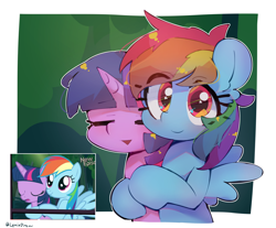 Size: 2334x1937 | Tagged: safe, artist:lexiedraw, derpibooru import, screencap, rainbow dash, twilight sparkle, twilight sparkle (alicorn), alicorn, pegasus, pony, daring don't, duo, duo female, eyes closed, female, hug, mare, open mouth, redraw, scene interpretation, smiling