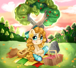 Size: 2500x2230 | Tagged: safe, artist:appleneedle, derpibooru import, pear butter, earth pony, pony, apple, apple tree, basket, cute, female, food, guitar, intertwined trees, mare, musical instrument, pear tree, pearabetes, picnic basket, picnic blanket, rock, solo, tree