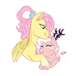 Size: 1593x1588 | Tagged: safe, artist:moccabliss, derpibooru import, fluttershy, oc, oc:sakura, hybrid, pony, female, interspecies offspring, offspring, parent:discord, parent:fluttershy, parents:discoshy, simple background, white background