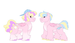 Size: 1280x732 | Tagged: safe, artist:itstechtock, derpibooru import, oc, oc only, oc:cotton candy, oc:faisry floss, pegasus, pony, backwards ballcap, baseball cap, cap, colt, hat, male, parent:orange swirl, parent:sassaflash, simple background, white background