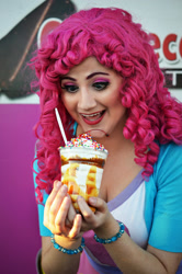 Size: 1024x1546 | Tagged: safe, artist:sarahndipity cosplay, derpibooru import, pinkie pie, human, equestria girls, bracelet, clothes, cosplay, costume, food, ice cream, irl, irl human, jewelry, open mouth, photo