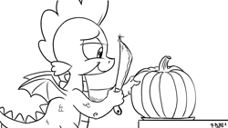 Size: 1200x675 | Tagged: safe, artist:pony-berserker, derpibooru import, spike, dragon, pony-berserker's twitter sketches, machete, male, plate, pumpkin, smiling, winged spike