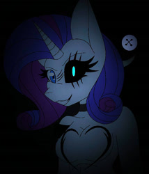 Size: 867x1011 | Tagged: safe, artist:silenceshadowwolf, derpibooru import, rarity, anthro, unicorn, lil-miss rarity, bust, choker, eye scar, eyelashes, female, grin, heterochromia, scar, self harm scars, smiling, solo